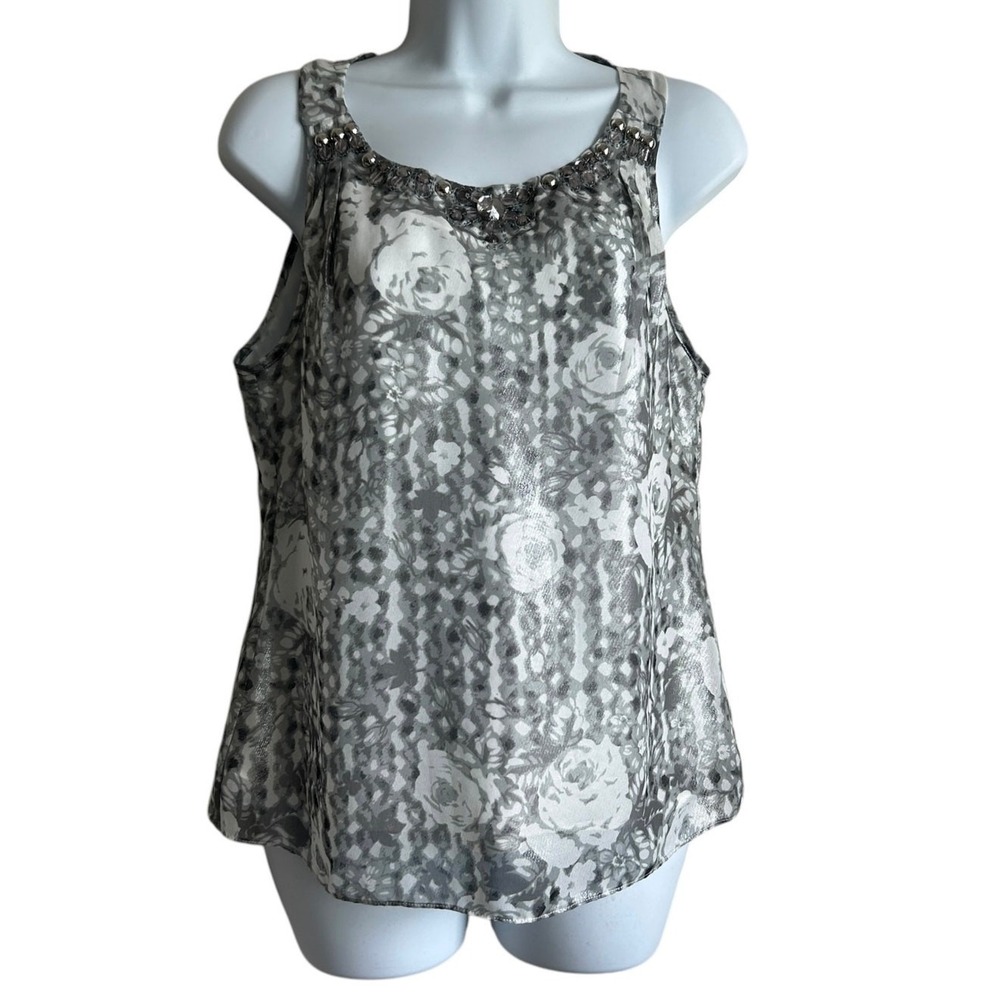 ECI Womens Boho Chic Floral Tank Top‎ 4 Grey Metallic Embellished Keyhole Back